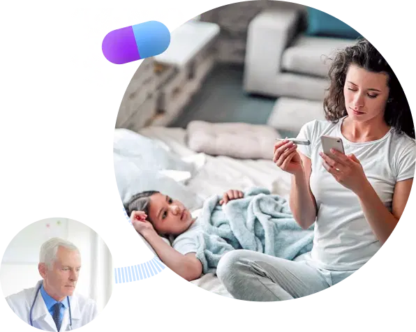 Mother checking thermometer reading for her sick child with fever while searching for an online medical consultation on her phone